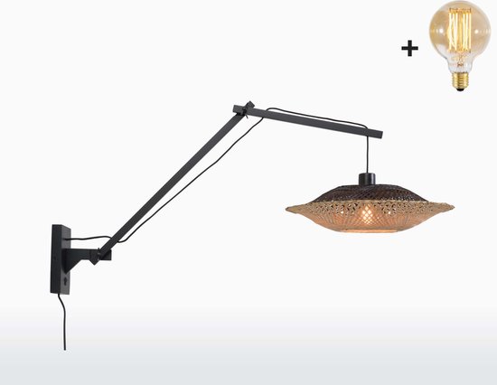 Wandlamp met Lange Arm - KALIMANTAN - Zwart Bamboe - Medium (60x15cm) - Met LED-lamp