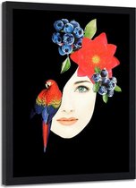 Foto in frame , Vrouwen gezicht met vogel en bloemen ,70x100cm , Multikleur , wanddecoratie
