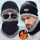 Trendy Muts met Col / Sjaal - Beanie | Gebreide Baggy Warme Muts - Wintermuts Gevoerd Wol - Zwart