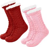 JAXY Huissokken - Huissokken Dames en Heren - Verwarmde sokken - Anti Slip Sokken - Fleece Sokken - Dikke Sokken - Fluffy Sokken - Slofsokken - Warme Sokken - Bedsokken - Gevoerde Sokken - Winter Sokken - 2 Paar - Roze en Rood