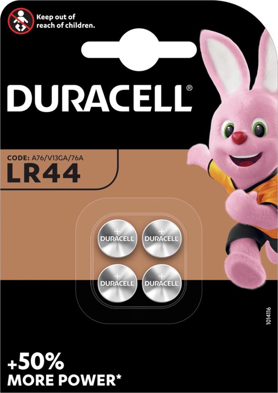 De Duracell Specialty LR44 Alkaline-knoopcelbatterij 1,5V, verpakking van 4 stuks (76A/A76/V13GA), is geschikt voor gebruik in speelgoed, rekenmachines en meetapparatuur