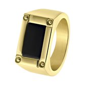 Lucardi Heren Goldplated zegelring met zwart detail - Ring - Cadeau - Staal - Goudkleurig