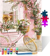 Roze fiets bij een bloemenwinkel - Puzzel Schilderen op nummer - Houten puzzel - 500 stukjes - 38x52 cm