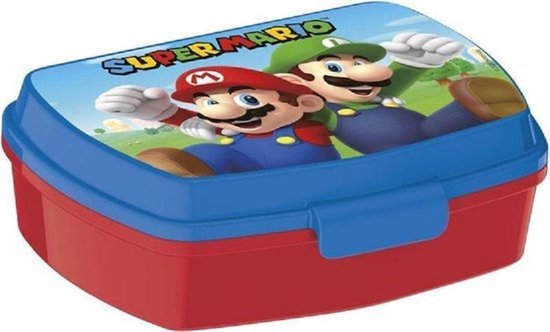 Boîte à pain rouge avec couvercle bleu, avec Mario et Luigi faisant des gestes joyeux.