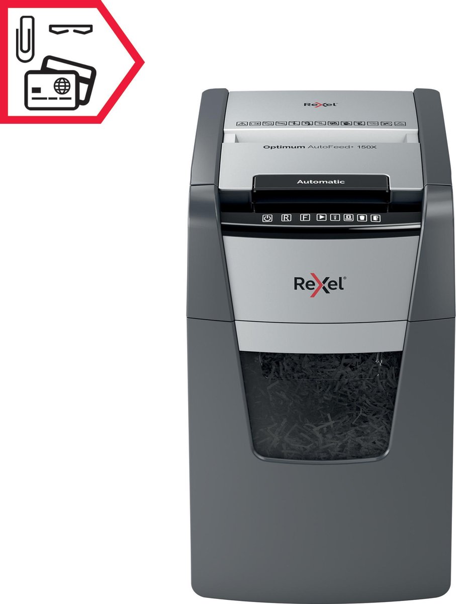 Rexel Optimum AutoFeed+ 150X Fluisterstille Papierversnipperaar - P4 Snippers - Automatische Invoer Tot 150 Vel - 44L - Zwart thumbnail 2