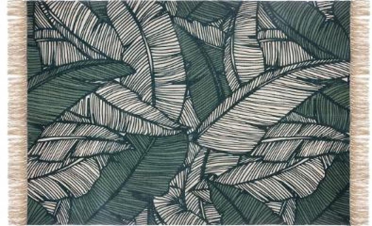 Vloerkleed groen beige bladmotief - jungle vloerkleed katoen met franjes -
