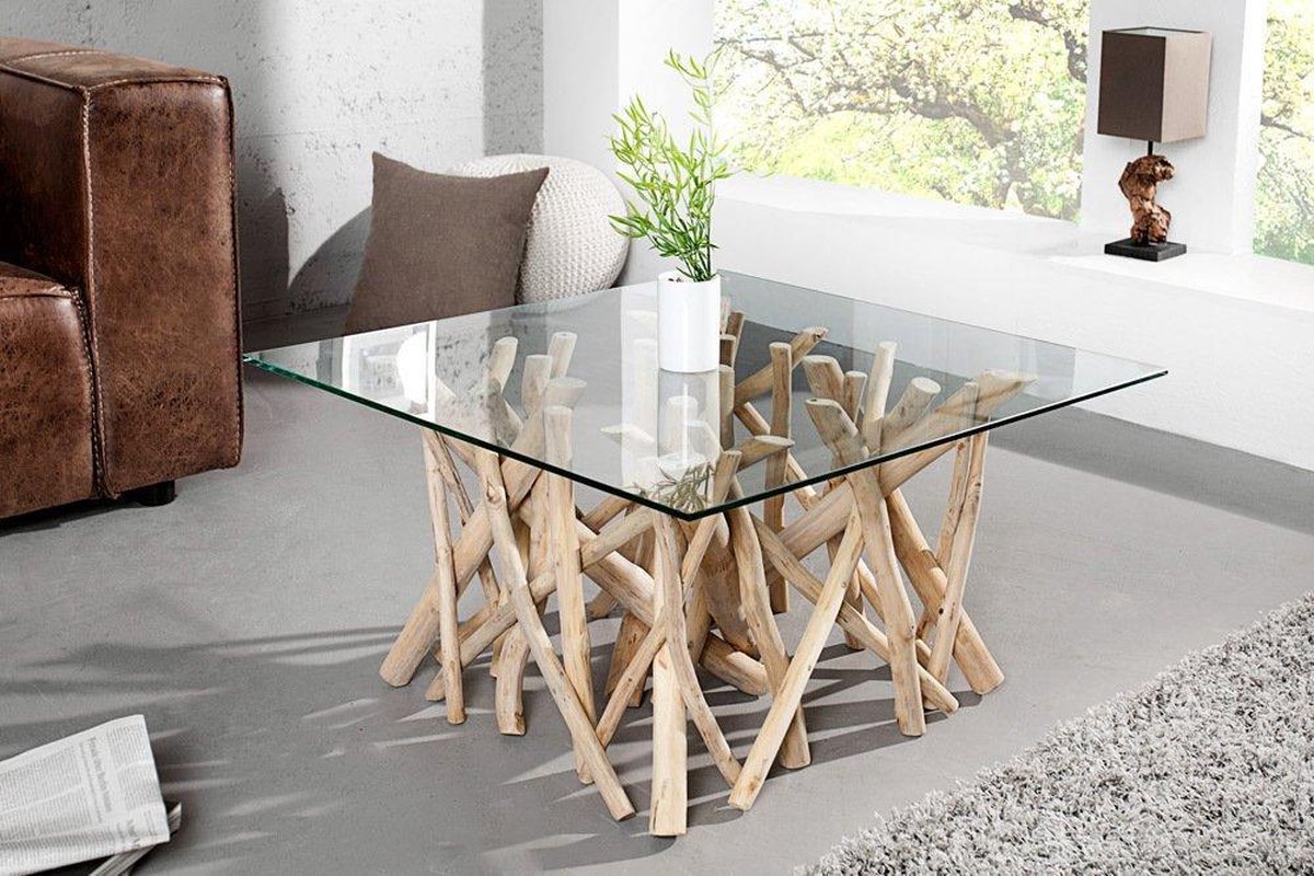 Table basse en bois flotté carrée avec assiette en verre 80 x 80 cm | bol
