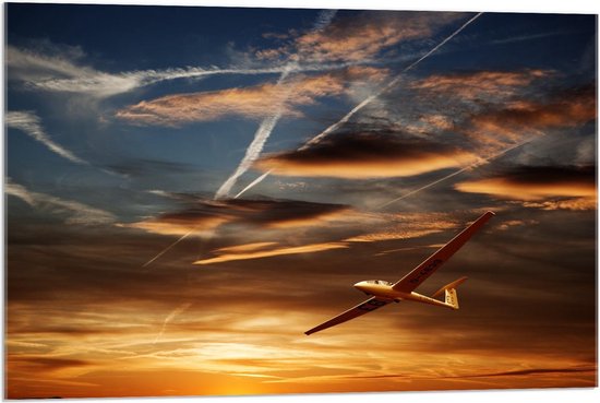 Acrylglas - Vliegtuig in Gouden Lucht - 90x60cm Foto op Acrylglas (Met Ophangsysteem)