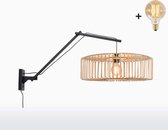 Wandlamp met Lange Arm - BROMO - Zwart Bamboe - Naturel Kap (60x18cm) - Met LED-lamp