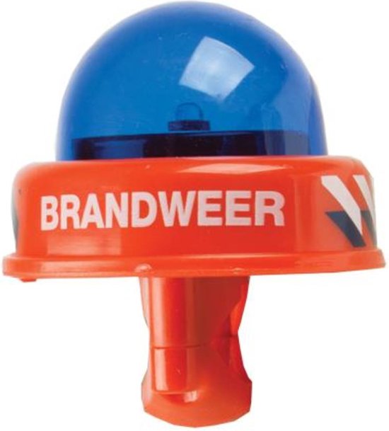 Rode fietsbel met blauwe zwaailichtkoepel, met de tekst BRANDWEER.