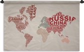 Wandkleed WereldkaartenKerst illustraties - Wereldkaart gemaakt met de namen van landen op een rozige achtergrond Wandkleed katoen 90x60 cm - Wandtapijt met foto