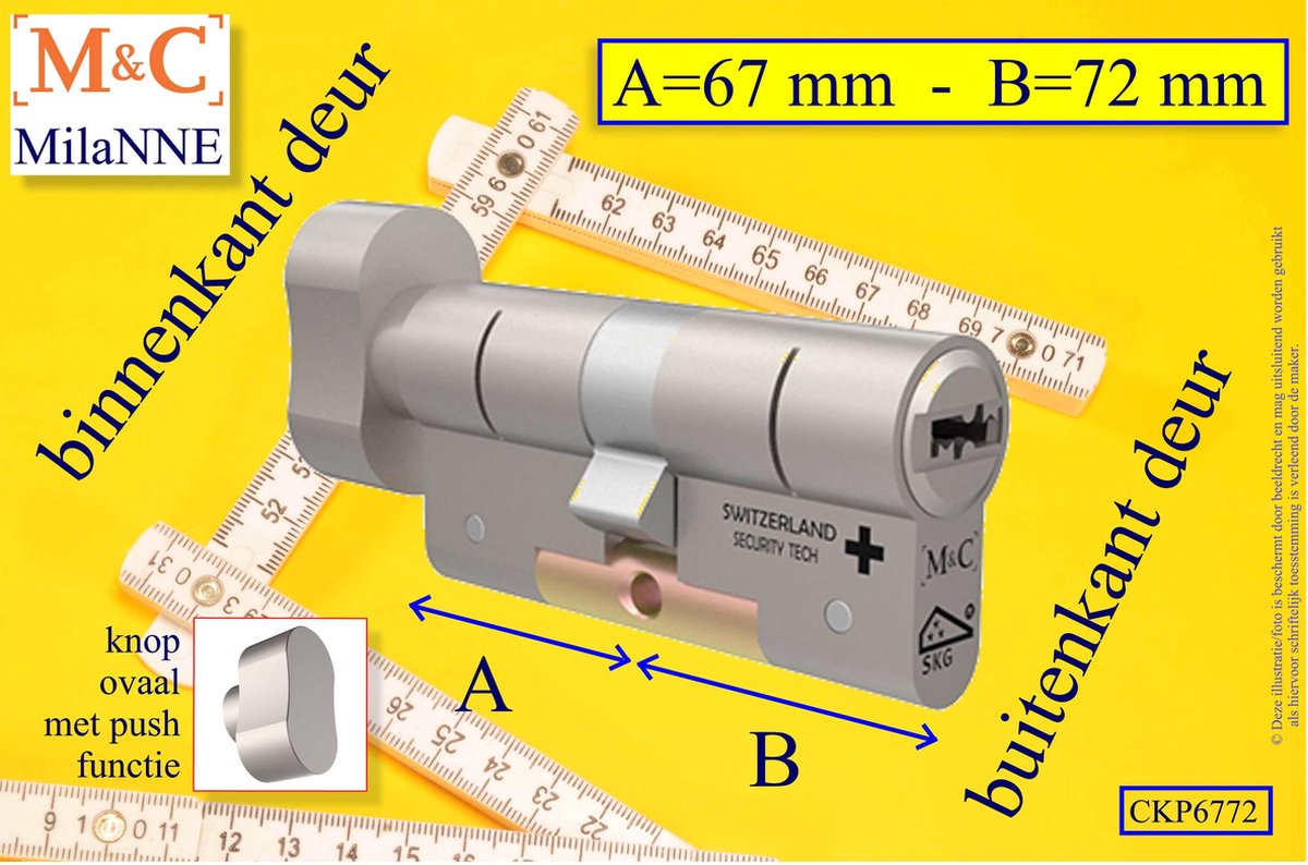 M&C Condor high security cilinderslot met Knop OVAAL met PUSH functie 67x72 mm - SKG*** - Politiekeurmerk Veilig Wonen - inclusief gereedschap montageset en hangslot kaars