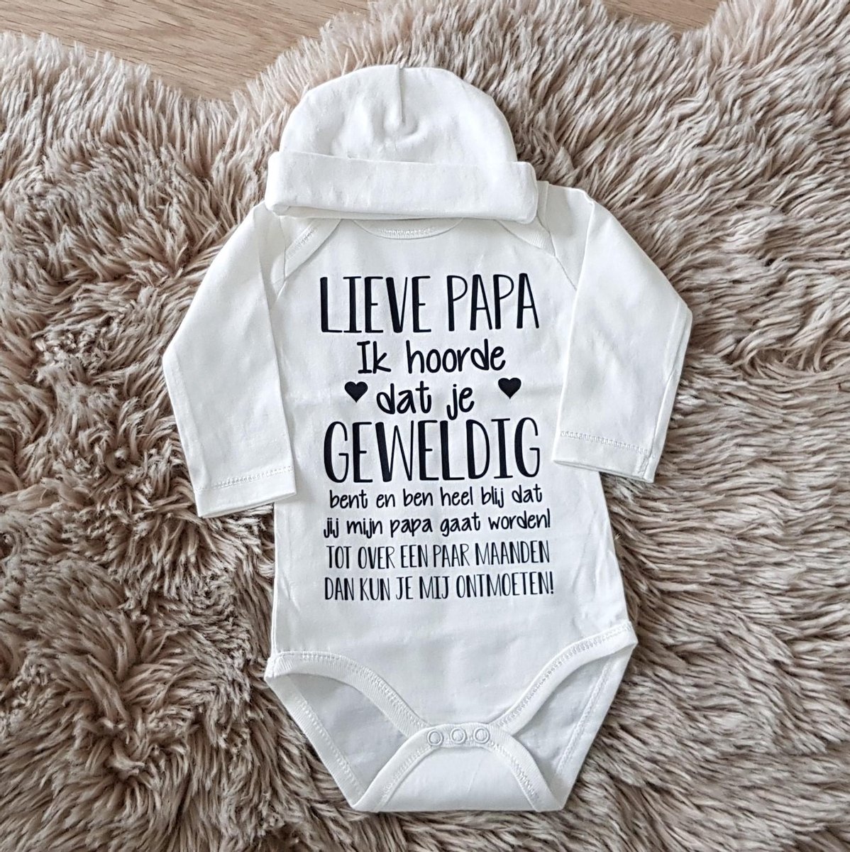 Baby cadeau geboorte meisje jongen set met tekst kledingset Bodysuit en muts |Kraamkado | Gift Set | rompertje Lieve papa ik ben heel blij dat je mijn gaat worden aanstaande aankondiging bekendmaking zwangerschap – foto 2