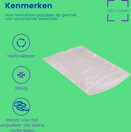 Gripzakje van 100 x 150mm, met kenmerken: herbruikbaar, stevig, ideaal voor kleine onderdelen.