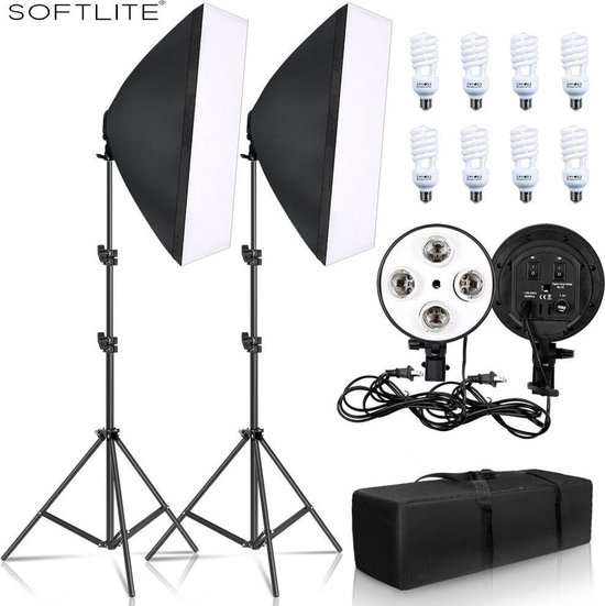 Softbox Studiolampen Met Statieven - Diffuser - 8x 45 W CFL Lampen en Draagtas - Fotografie - Verlichting - Set | Fotostudio | Studiolamp | Draagbaar | Daglichtlampen | Daglicht | Lampen