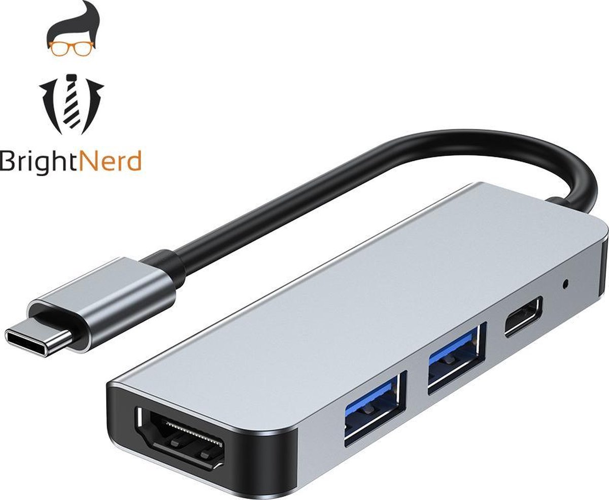 BrightNerd 4 in 1 USB-C adapter hub - HDMI 4K - 2x USB 3.0 - 1x USB-C Power - Space Grey - BrightNerd
