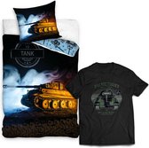 Dekbedovertrek Leger Tank- Army Combat- Logo Tank 13- 1persoons- 140x200- Dekbed Jongens- 100% katoen, incl. zwart kinder T-shirt met Tankprint mt 9/11