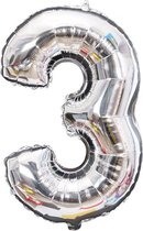 Cijfer Ballon nummer 3 - Helium Ballon - Grote verjaardag ballon - 32 INCH - Zilver  - Met opblaasrietje!
