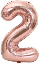 Cijfer Ballon nummer 2 - Helium Ballon - Grote verjaardag ballon - 32 INCH - Rosé Gold - Met opblaasrietje!
