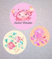 Muur sticker set van 3 stuks roze - Zee dieren - decoratie slaapkamer - baby kamer - kinder kamer - thema onder water - muursticker slaapkamer
