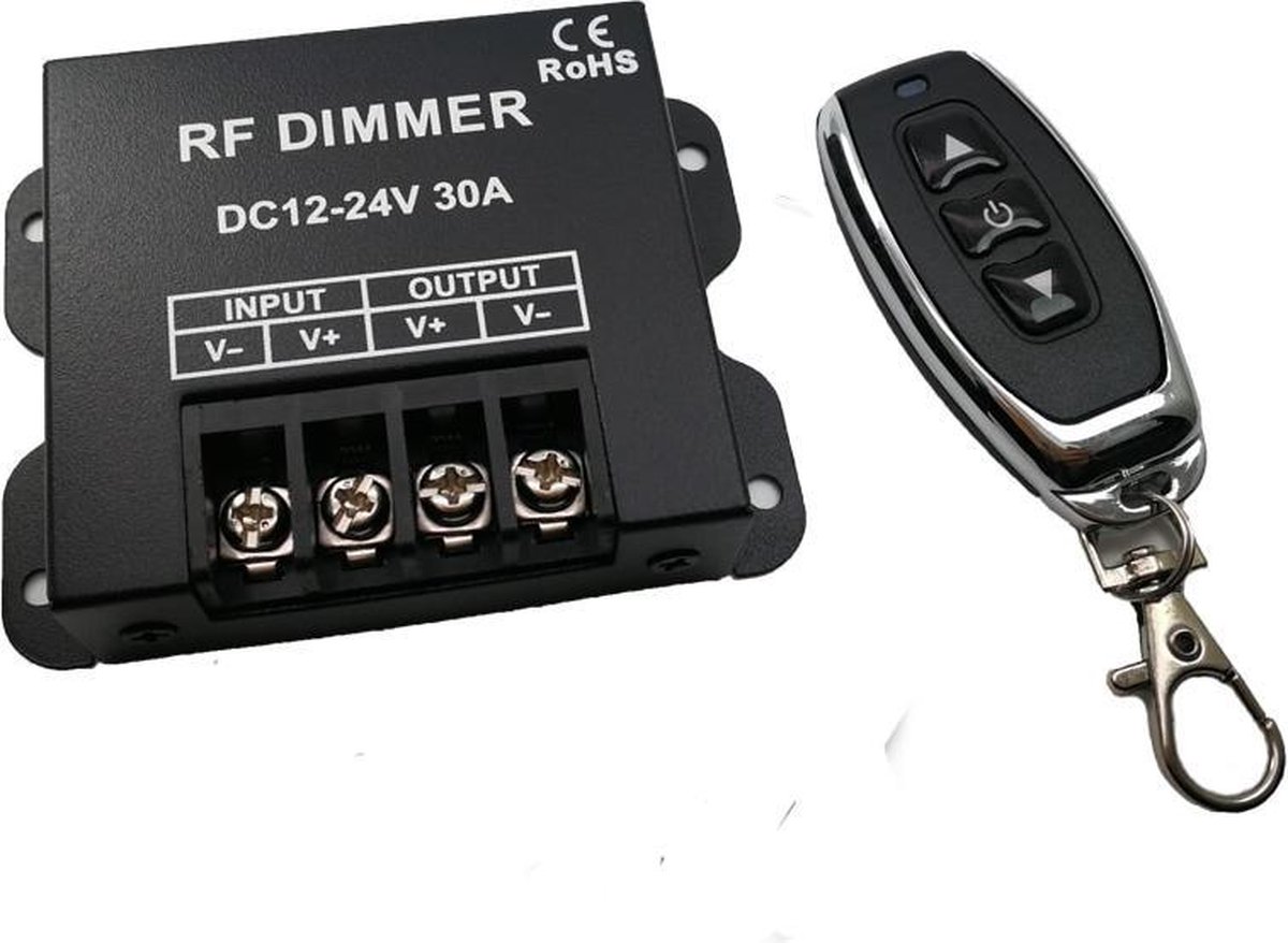 LED Dimmer Controller met Afstandsbediening, DC 12-24V 30A, Draadloos, Zwart, IJzer, 3 Knoppen, 8.5x6.3x2cm, voor Eenkleurige LED Verlichting