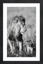 JUNIQE - Poster met houten lijst Lion Teaching His Cub -13x18 /Grijs &