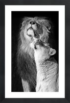 JUNIQE - Poster in houten lijst Verliefde leeuwen - zwart-wit foto