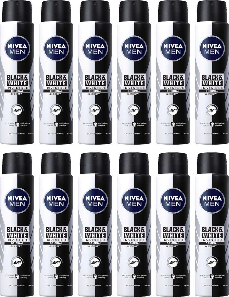 Goedkoopste Nivea Deo Spray MEN Black & White - 48H Anti-perspirant - JUMBOPAK - 12 x 150 ml
