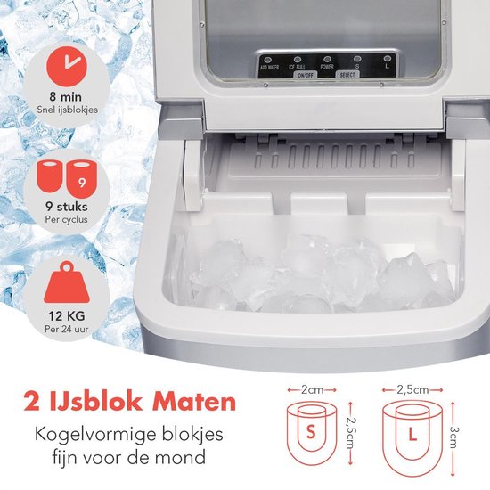 KitchenBrothers IJsblokjesmachine - 2 Liter - 6-8 Min. - 12kg/24u - met IJsschep - Zilver