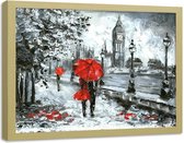 Foto in frame , Mensen in de regen , Londen ,120x80cm , Zwart wit rood , wanddecoratie