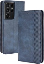 Voor Samsung Galaxy S21 Ultra 5G Magnetische Gesp Retro Crazy Horse Textuur Horizontale Flip Leren Case met Houder & Kaartsleuven & Fotolijst (Blauw)