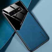 Voor Samsung Galaxy S10 All-inclusive lederen + organische glazen beschermhoes met metalen ijzeren plaat (koningsblauw)