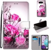 Voor LG K31 Gekleurde Tekening Cross Textuur Horizontale Flip PU Lederen Case met Houder & Kaartsleuven & Portemonnee & Lanyard (Wild Rose)