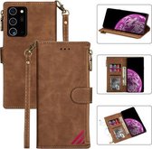 Voor Samsung Galaxy Note20 Rits Multi-kaartsleuven Horizontale Flip PU lederen tas met houder & kaartsleuven & portemonnee & lanyard & fotolijst (bruin)