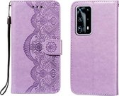 Voor Huawei P40 Pro + Flower Vine Embossing Pattern Horizontale Flip Leather Case met Card Slot & Holder & Wallet & Lanyard (Purple)