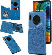 Voor Huawei Mate 30 Pro bloem reliëfpatroon schokbestendig beschermhoes met houder & kaartsleuven & fotolijst (blauw)