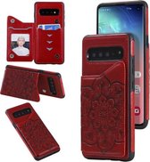 Voor Samsung Galaxy S10 bloem reliëf patroon schokbestendig beschermhoes met houder & kaartsleuven & fotolijst (rood)