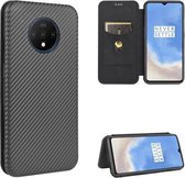 Voor OnePlus 7T Carbon Fiber Texture Magnetische Horizontale Flip TPU + PC + PU Leather Case met Card Slot (Zwart)