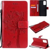 Voor Samsung Galaxy A72 5G Tree & Cat Pattern Pressed Printing Horizontale Flip PU Leather Case met houder & kaartsleuven & portemonnee & Lanyard (rood)