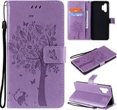 Voor Samsung Galaxy A32 5G Boom & Kat Patroon Geperst Afdrukken Horizontale Flip PU Lederen Case met Houder & Kaartsleuven & Portemonnee & Lanyard (Lavendel)