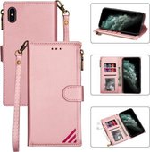 Rits Multi-kaartsleuven Horizontale flip PU lederen tas met houder & kaartsleuven & portemonnee & lanyard & fotolijst voor iPhone XS / X (roségoud)