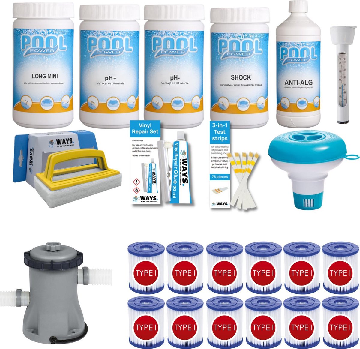 WAYS - Zwembad Onderhoud - Pakket Medium Deluxe & Filterpomp 1249 L/h & 12 Filters Type I