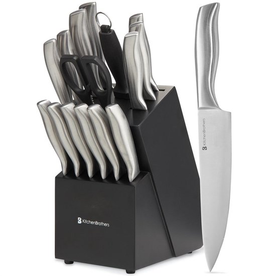 KitchenBrothers Messenset met Blok - 16-Delig - Keukenmessen incl. Koksmes - Aanzetstaal en Keukenschaar - Anti Kleeflaag - Zilver/RVS
