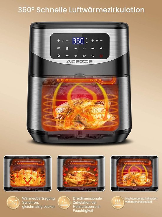 Acezoe 7L XXL Hot Air Fryer, 1800 W Stainless Steel Air Fryer with Digital  LED Touch Scree