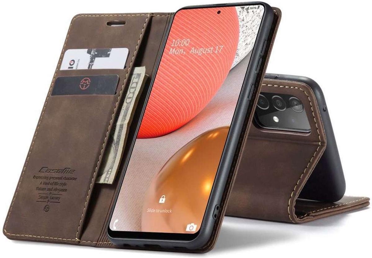 CaseMe Bookcase hoesje geschikt voor Samsung Galaxy A72 - Effen Donkerbruin - Kunstleer