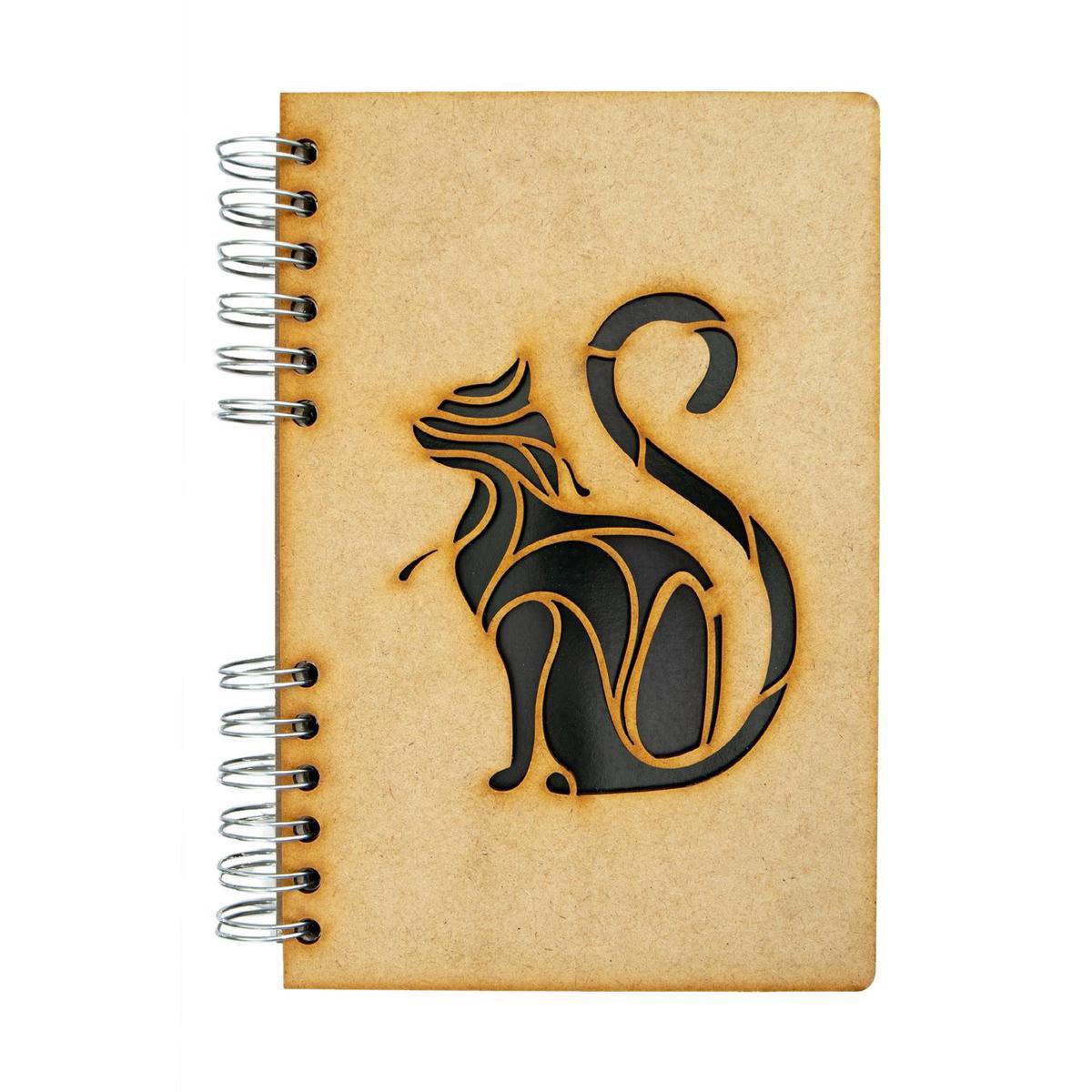 KOMONI - Duurzaam houten Notitieboek - Dagboek - Gerecycled papier - Navulbaar - A6 - Gelinieerd - Zwarte Kat