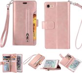 Voor iPhone SE 2020/8/7 Multifunctionele Rits Horizontale Flip Leren Case met Houder & Portemonnee & 9 Kaartsleuven & Lanyard (Rose Goud)