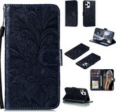 Voor iPhone 12 Pro 6.1 Lace Flower horizontale flip lederen tas met houder & kaartsleuven & portemonnee & fotolijst (donkerblauw)