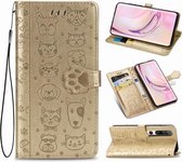 Voor xiaomi 10/10 pro schattige kat en hond reliëf horizontale flip lederen tas met beugel / kaartsleuf / portemonnee / lanyard (goud)