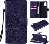 Voor OPPO Reno4 Sun Embossing Pattern Horizontale Flip Leather Case met Card Slot & Holder & Wallet & Lanyard (Purple)